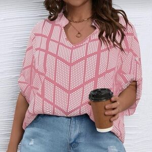SHEIN Curve Pink Geometric Dot Blouse 4XL – V-Neck, Ruched Sleeves, Lightweight